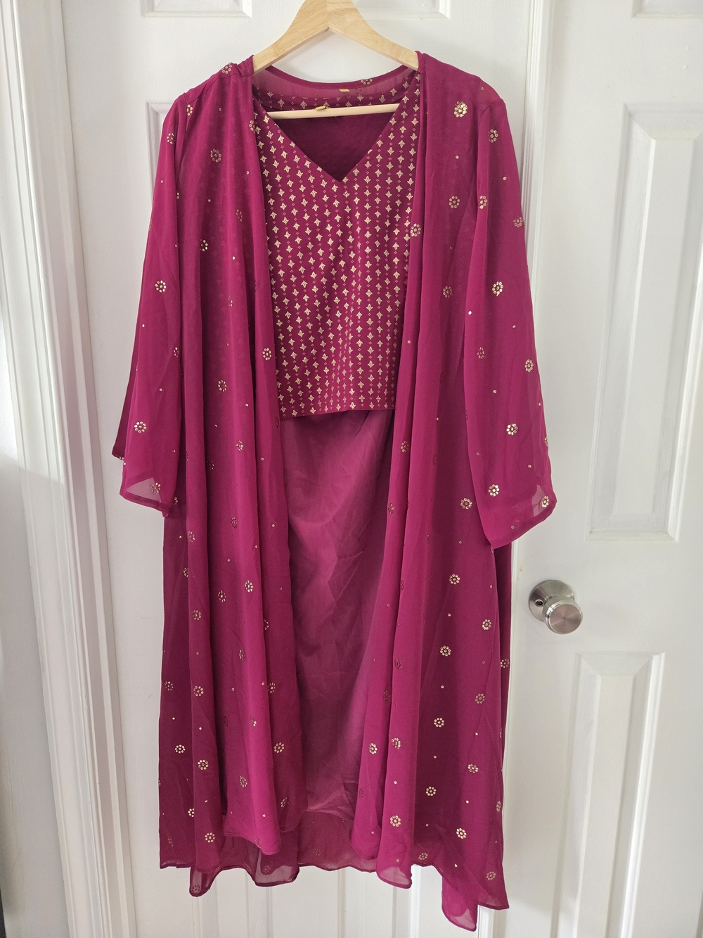 Global Desi Magenta Embellished Open-Front Cape and Dress Lengha Set